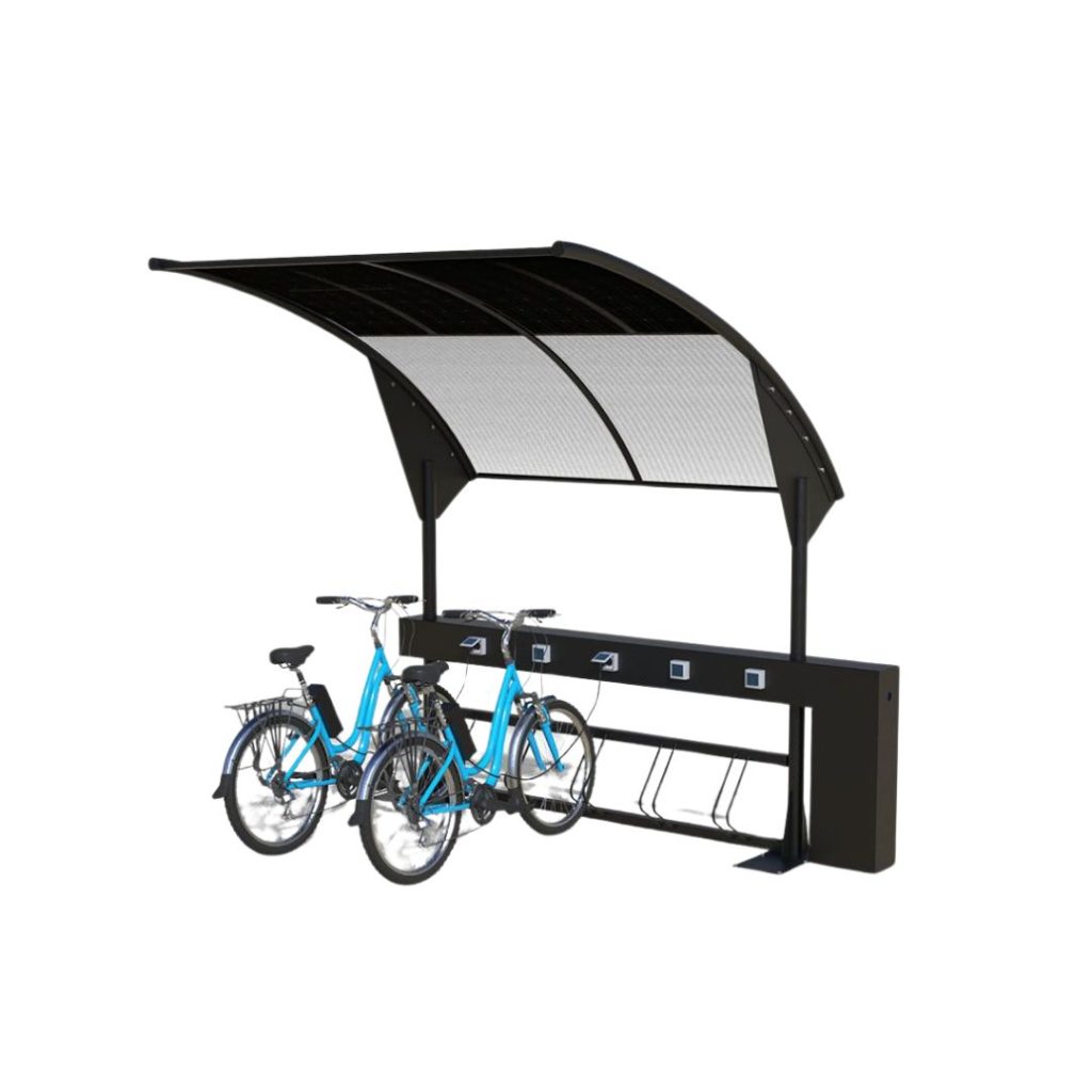 stazione di ricarica parcheggio smart intelligente per bici, bike e monopattini hap digital autoalimentata copertura pannello solare fotovoltaico